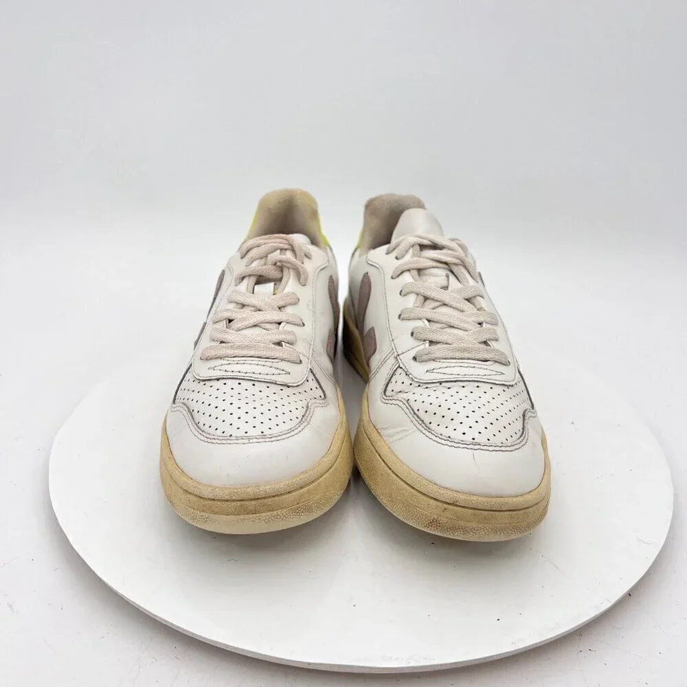 Veja V-10 Women Sz 6 White Neon Leather Brown Stitch V Logo Suede Training Shoes